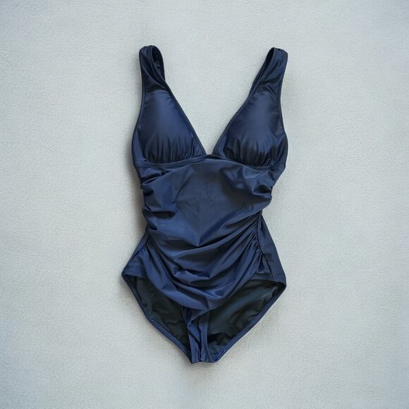 J Crew One Piece Swimsuit Womens Size 10 Navy Blue Ruched Tank Bathing Plunge - Picture 1 of 5